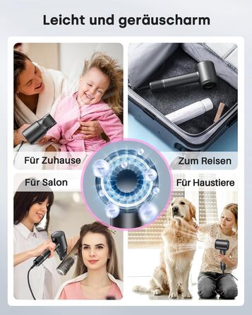 Фен з дифузором, високошвидкісний іонний фен 120 000 об/хв з 500 мільйонами негативних іонів для швидкого сушіння, професійний дорожній фен для дому, салону, подарунок, 12 режимів, сірий колір