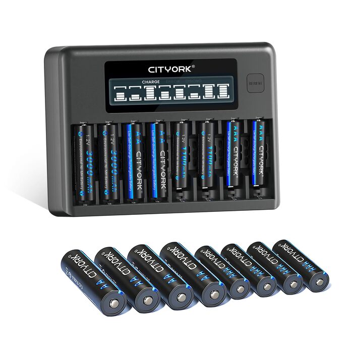 Зарядний пристрій CITYORK з 8 батарейками типу AA ємністю 3000 мАг та 8 батарейками типу AAA ємністю 1100 мАг, для акумуляторних батарей типу AA, AAA Ni-MH/Ni-CD, комплект зарядних пристроїв з 8 слотами та РК-дисплеєм
