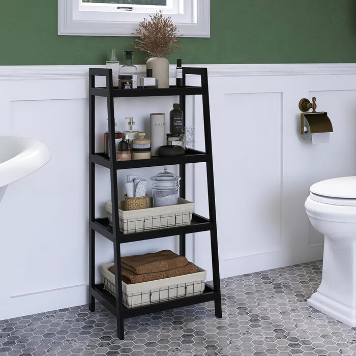 Бамбукова книжкова полиця SMIBUY з драбиною, органайзер для полиць у ванній кімнаті, окремостояча підставка для рослин, компактні полиці для спальні, кухні, балкону (чорна, 4 полиці (99 см заввишки)) Чорна 4 полиці (99 см заввишки)