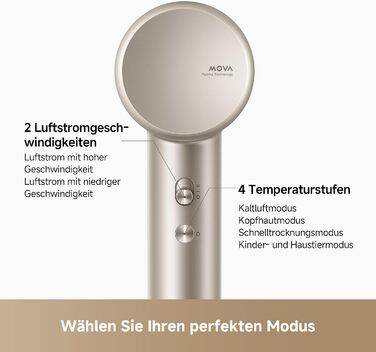 Фен для волосся MOVA Shine 10 швидке сушіння, Moisture Caring Tech, безщітковий двигун 110 000 об/хв, низький рівень шуму, плазмові іони, концентратор, NTC-контроль температури (1000 вимірів/с), для дому, салонів та подорожей, Gold