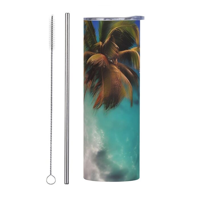 Кухоль з прямою трубочкою, дизайн Карибських островів, дорожній кухоль, підходить для кемпінгу, офісу та дому, 590 мл