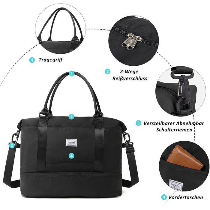 Дорожня сумка TANTOMI Ручна поклажа, Жіноча спортивна сумка, 46x23x32 см, Сумка для ручної поклажі, Сумка на вихідні, Водонепроникна дорожня сумка, Сумка для тренувань, Сумка для лікарні, Сумка для народження, Підходить для відпочинку, Кемпінгу, Чорна 1-2