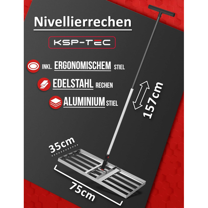 Гребінь для газону з нержавіючої сталі 75x35 см - професійний вирівнювач для газону з ручкою - для розрівнювання, підсипання піском та догляду - ергономічний інструмент для вирівнювання газону, що зберігає спину