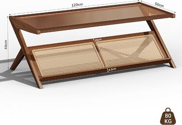 Скляний журнальний столик, 120 x 56 x 44 см, сучасний прямокутний журнальний столик, що підходить для вітальні, квартири та тераси, темний горіх