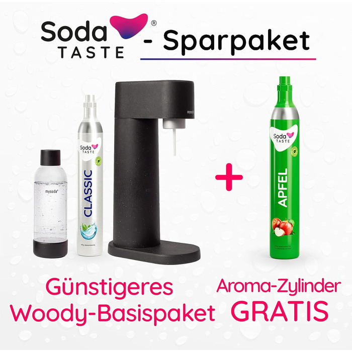 Економ-пакет Mysoda Woody - поновлювана деревна композитна содова машина з пластиковою пляшкою без BPA об'ємом 1 л, класичним балоном CO2 балоном Apple CO2 (чорний)