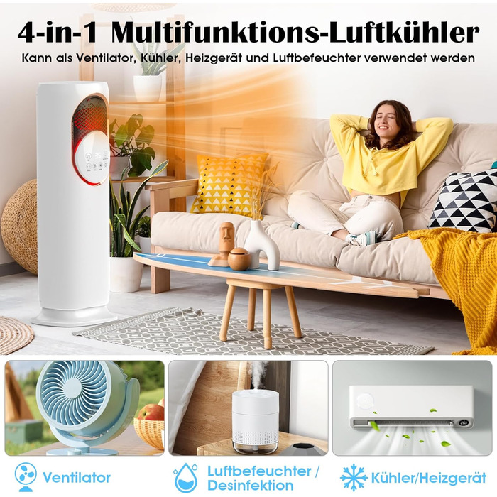 Вентилятор з обігрівачем та охолоджувачем повітря, вентилятор 2-в-1 для обігріву та охолодження та зволожувач повітря, портативний кондиціонер, електричний керамічний PTC, резервуар для води 4 л, 3 швидкості обдуву, електричний обігрівач (білий-01)