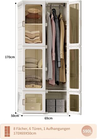 Біла шафа, складна шафа для зберігання речей з вішалкою для одягу, багатофункціональна шафа для спальні, вітальні, квартири, дуже легке складання (170x50x69см)