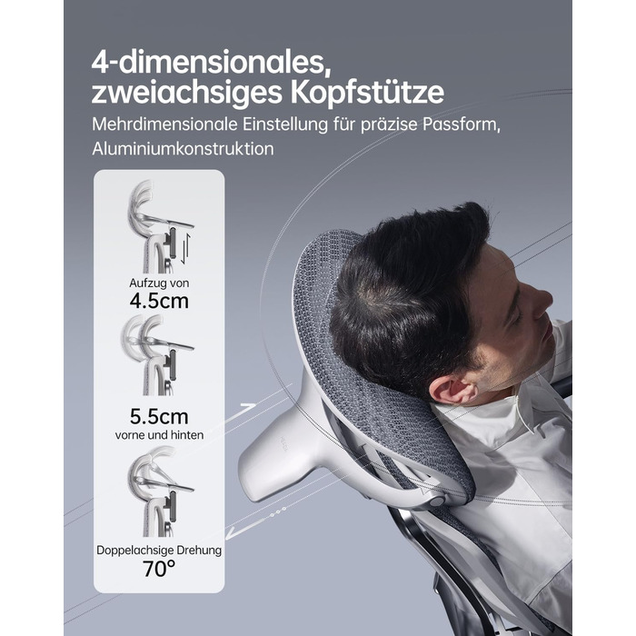 Ультраергономічне офісне крісло Hbada E3, велике та високе офісне крісло з 3-зонною динамічною поперековою підтримкою, механічними підлокітниками на 360, регульованим підголівником у 4 напрямках, сіре