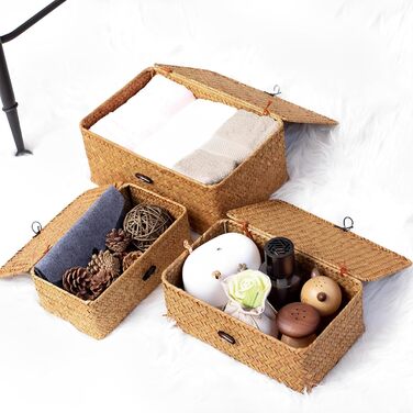 Кошики з натуральної морської трави з кришками - Ротангові кошики з кришками - Плетені кошики з морської трави - Прямокутні плетені кошики з ротанга - Кошики для зберігання речей для ванної кімнати, вітальні, кухні, 3