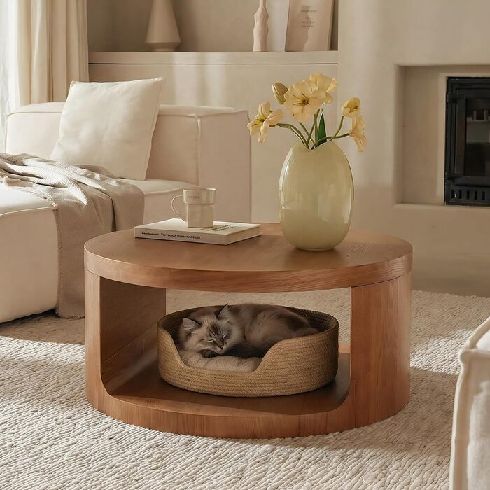 Круглий журнальний столик, круглий дерев&39яний стіл для вітальні з великою кількістю місця для зберігання, 2-ярусний круглий дерев&39яний журнальний столик, сучасні меблі в сільському стилі для вітальні та спальні, журнальний столик з натурального дерева