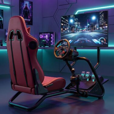 Підставка для керма гоночного симулятора з 3D стереодинаміками, кріпленням для монітора, регульованим кріпленням керма, кріпленням для важеля перемикання передач та педалями (бордовий)