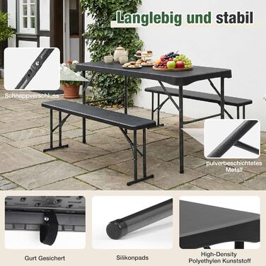 Складаний пластиковий пивний садовий набір Sekey Обідній стіл 113 x 61 см з 2 лавками для 4 осіб Набір для пивного саду для приміщень/вулиці Садовий комплект пивних столів (чорний) Чорний/113 см