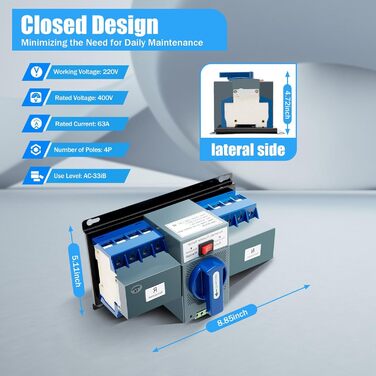 Аварійний перемикач передачі електроенергії 220v Автоматичний автоматичний перемикач подвійної потужності Ручний перемикач передачі Перемикач навантаження Подвійний перемикач живлення Перемикання живлення для будинків Громадських місць, 63A 4P