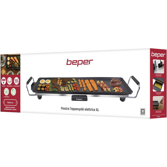Електричний гриль-теппаньякі BEPER P101BBQ070 XL (70 x 23 см), антипригарне покриття, регульований термостат, термостійкі ручки, піддон для жиру та знімний кабель, 2000 Вт, без BPA та PFOA