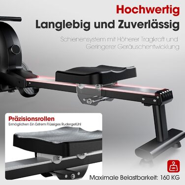 Гребний тренажер Wenoker, магнітний гребний тренажер для домашнього використання, покращений, тихий опір з 16 рівнями та інтелектуальною електронною поворотною ручкою, максимальна вага користувача 160 кг, підключення до додатку, чорний