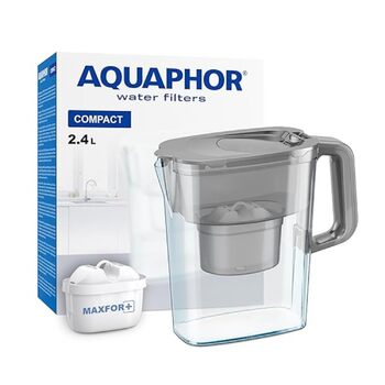 Фільтр для води AQUAPHOR Компактний сірий вкл. 1 фільтр Maxfor I Пластиковий графин 2,4 л I Зменшує вапняний наліт, хлор і важкі метали I Компактний і легкий фільтр для води I Розміщується в дверцятах холодильника