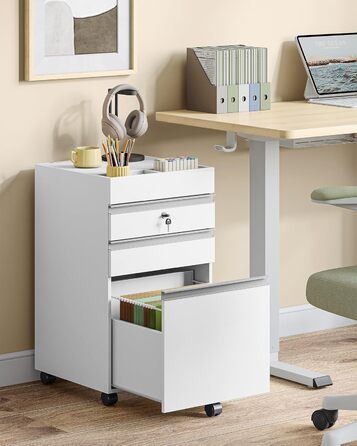 Контейнер на колесах Hzuaneri, шафа для документів, офісна шафа, що замикається, з 3 шухлядами, додаткове місце для зберігання зверху, шафа з шухлядами для формату DIN A4, Letter, для офісу, домашнього офісу, 40 x 40 x 70 см Білий FC41003XV1