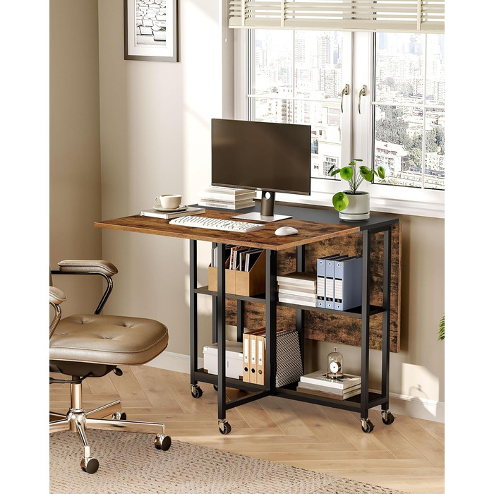 Розкладний обідній стіл, кухонний стіл, мобільний стіл, розкладний стіл з 6 коліщатками, що блокуються, та 2 полицями, для кухні, вітальні, квартири, сільський коричневий та чорний DTCZ01BF Рустикальний коричневий, чорний