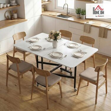 Розкладний обідній стіл, кухонний стіл для 4-6 осіб з колесами, сталеві ніжки, мобільний розкладний обідній стіл для невеликих приміщень, їдальня, кухня, 120 x 80 x 73 см, білий