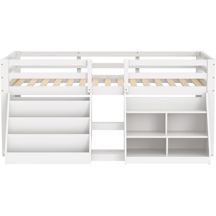 Дитяче ліжко середнього класу 90x200 зі світлодіодним освітленням, односпальне ліжко зі сходами та шафою для зберігання, ліжко з місцем для зберігання, дерев&39яне ліжко, функціональне ліжко, дитяче ліжко із захистом від падіння та рейковим каркасом, біле