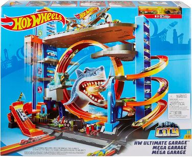Гараж, Hot Wheels Гараж акули, вкл. 2 іграшкові машинки, з гоночним треком, петляючими доріжками, іграшковим підйомником і місцем