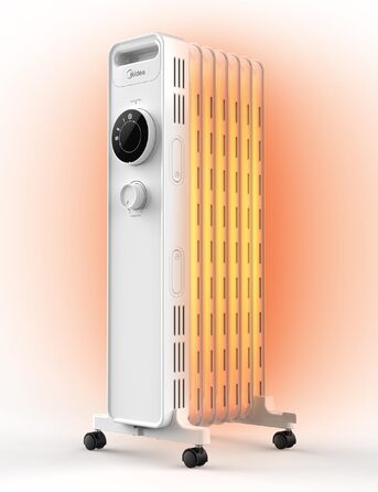 Масляний радіатор Midea NY1507-22M, енергозберігаючий, тихий електричний обігрівач потужністю 1500 Вт із 7 ребрами, термостатом, 3 режимами нагріву, захистом від перекидання та перегріву, еко-режимом, швидким нагріванням та портативним, білий колір