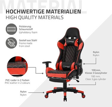 Ігрове крісло ML-Design з підставкою для ніг, червоне, штучна шкіра, ергономічне офісне крісло з підлокітниками, підголівником, поперековою подушкою, регульованим поворотним кріслом, високою спинкою, гоночне ігрове крісло, робоче крісло