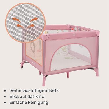 Дитячий манеж та дорожнє ліжечко LIONELO Mille Plus 2-в-1 100x100 см з матрацом та 3D-чохлом для немовлят, вагою до 15 кг (0-36 місяців), бічний вхід на блискавці, 2 колеса з гальмами, складний, сумка для перенесення рожевого кольору