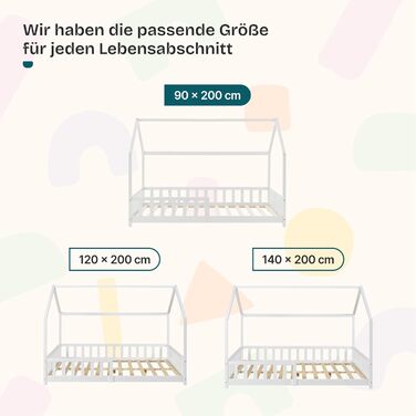 Дитяче ліжко Hesel, домашнє ліжко, біле, 90 x 200 см, із захистом від падіння та рейковою основою, підлогове ліжко Монтессорі, дитяче ліжко, дерев&39яне ліжко