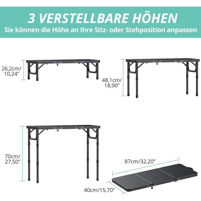 Складаний кемпінговий стіл VINTEAM 87x40 см 3 складні, регульована висота в 3 напрямках, алюмінієвий складаний стіл, балконний стіл, бічний столик, садовий стіл, легкий та портативний, ідеально підходить для кемпінгу, барбекю, пікніка та саду, МДФ