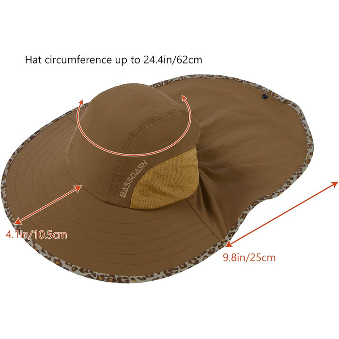 Унісекс сонцезахисний капелюх Bassdash, UPF 50, рибальський капелюх, водовідштовхувальний, з широкими полями та великим захистом шиї, хвіст, чоловічий/жіночий, один розмір, карамельний/леопардовий