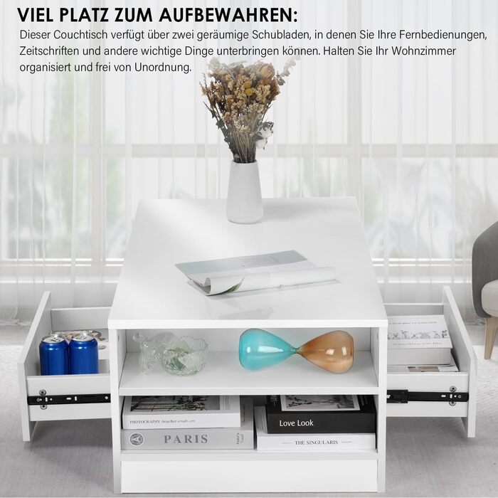 Журнальний столик зі світлодіодним підсвічуванням, сучасний диванний столик, стіл для вітальні з 2 шухлядами, 100x55x37 см, білий