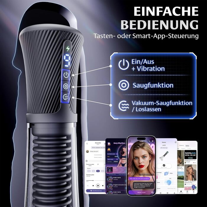 Мастурбатор Gobeken, електричний, з функцією вакуумного смоктання та вібрації, 9 режимів вібрації та 5 режимів вакууму