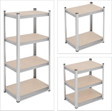 Міцний стелаж Relaxdays, ВxШxГ 138x60x40 см, 200 кг, сталь, 4 полиці, полиця для зберігання, для підвалу, гаража, підключається до мережі, сріблястий