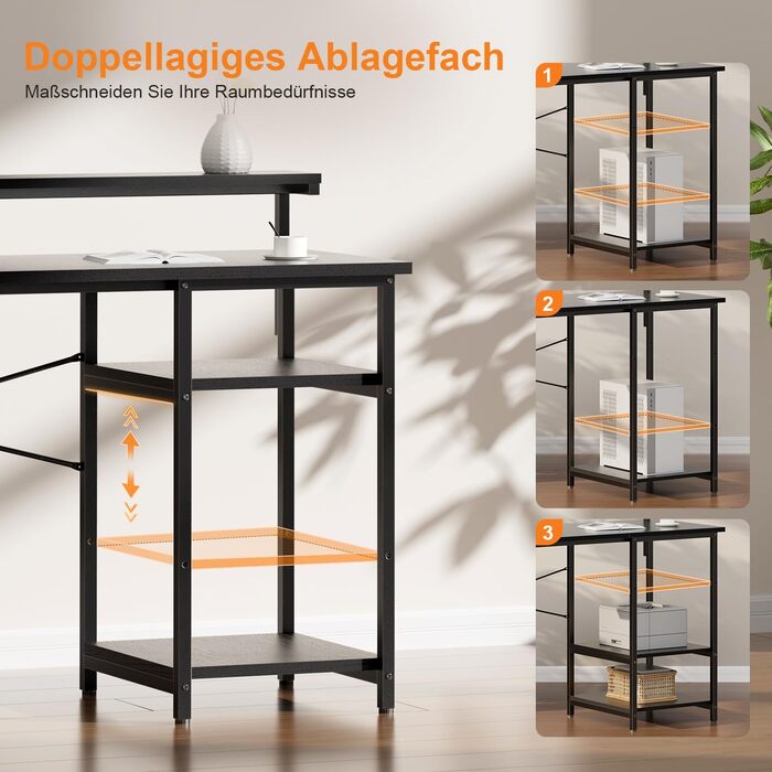 Письмовий стіл, комп&39ютерний стіл зі світлодіодним підсвічуванням та підставкою для монітора, ПК-стіл з 2 полицями та сумкою для зберігання для кабінету та спальні, 100 x 48 x 74 см, міцний металевий каркас, чорний.