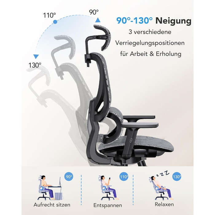 Ергономічне сітчасте офісне крісло HUANUO, стілець з високою спинкою та регульованою поперековою опорою, підлокітники, функція нахилу, сітчасте ігрове крісло для комп&39ютера