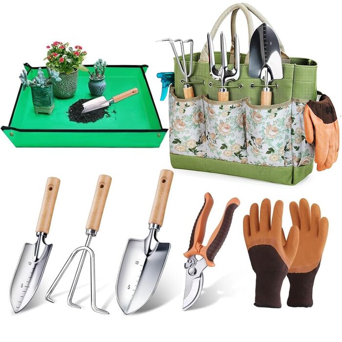 Набір садових інструментів Gartenwerkzeug, 7 предметів, з органайзером-сумкою для інструментів, міцний нержавіючий набір садового інструменту, ідеальний подарунок для жінок, чоловіків та садівників-любителів