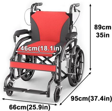 Туристичний інвалідний візок, складний транспортний інвалідний візок, стандартні інвалідні візки з ручним керуванням, для молоді, людей похилого віку, людей з постійною рухливістю (66X95X89 см (25,9X37,4X35 дюймів))