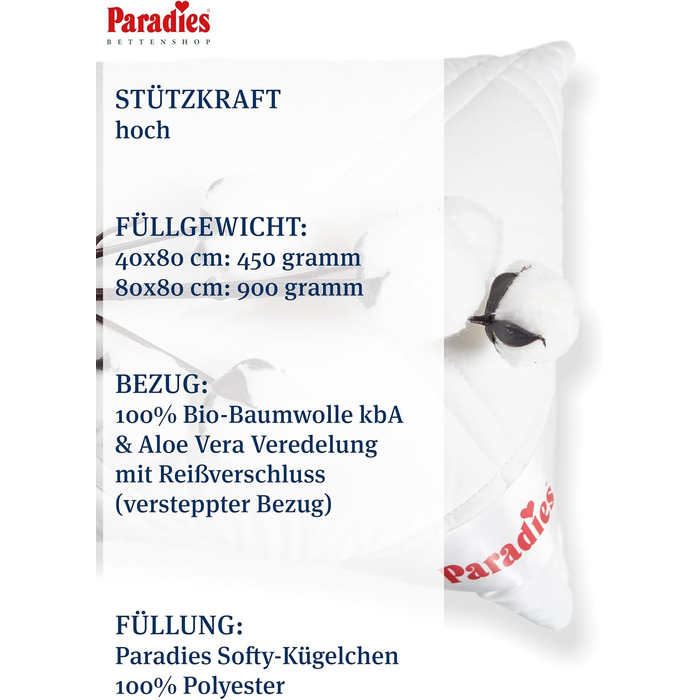 Подушка PARADISE 40x80 см зі стьобаним чохлом - Softy Top Plus Organic, стьобана подушка на блискавці 40 x 80 см 1