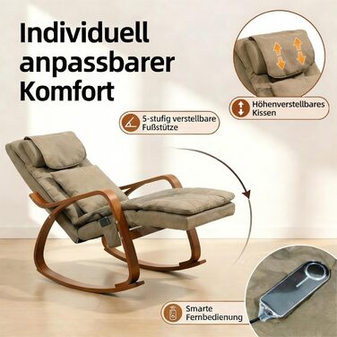 Масажне крісло-гойдалка, крісло-реклайнер, крісло для телевізора з 3-зонним масажем, масажне крісло з функцією підігріву, регульований підголівник та підставка для ніг, знімний чохол, вантажопідйомність 150 кг, світло-коричневий колір