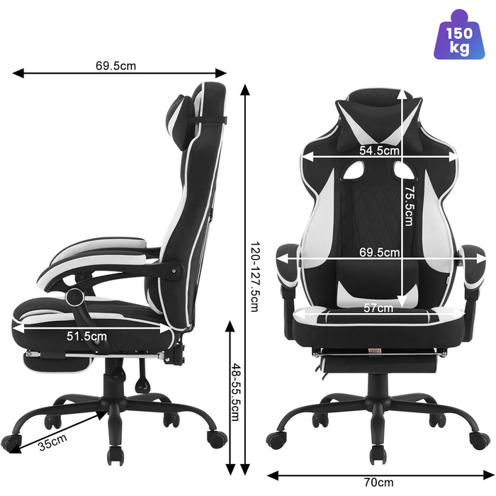 Ігрове крісло WOLTU, дихаюча тканина, ергономічне офісне крісло з поперековою опорою, вантажопідйомність 150 кг, ПК-крісло з великою спинкою та сидінням, чорно-біла шкіряна тканина