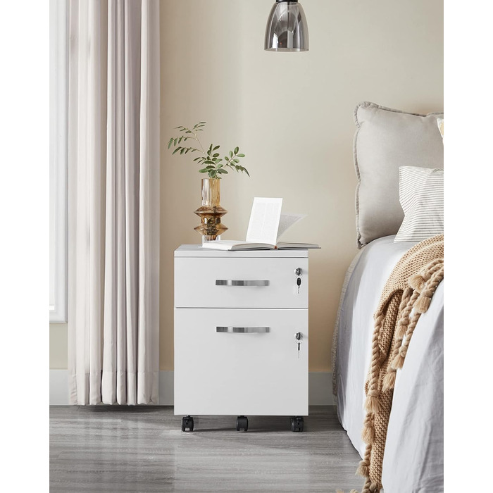 Мобільна шафа для документів VASAGLE із замком, 2 шухлядами, 5 коліщатками, регульованими підвісними рейками, для підвісних файлів формату A4 та Letter, хмарно-білий LCD22WV1