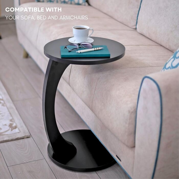 С-подібний приставний столик Luxora з коліщатками, круглий диванний столик чорного кольору, невеликий приставний столик, який можна використовувати як журнальний столик, столик для телефону, столик біля ліжка, столик для ноутбука та журнальний столик (чор