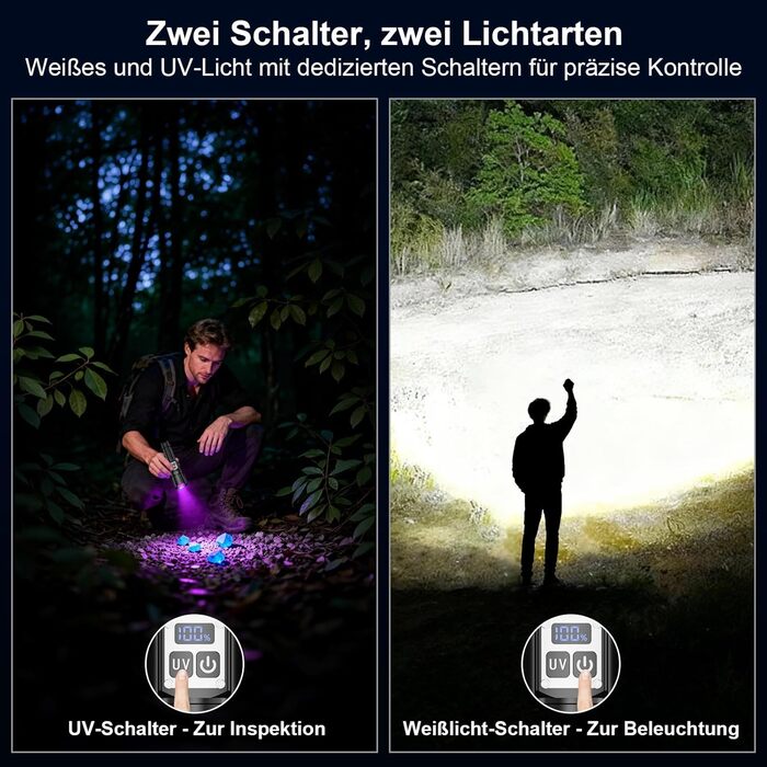 Акумуляторний ліхтарик Shadowhawk 2-в-1 зі світлодіодним/УФ-підсвічуванням та подвійним перемикачем Надзвичайно яскравий ліхтарик 500 000 люменів з чорним УФ-підсвічуванням для інспекції/кемпінгу/використання на свіжому повітрі, плавне регулювання яскраво