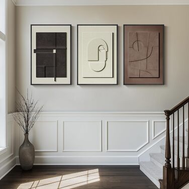 Велике 3D текстуроване абстрактне настінне мистецтво в рамках для вітальні, 3-елементне сучасне мистецтво для стін, чорно-біле коричневе геометричне зображення текстури пісковика для декору стін коридору офісу 24x36 дюймів 36 футів заввишки x 72 фути завш