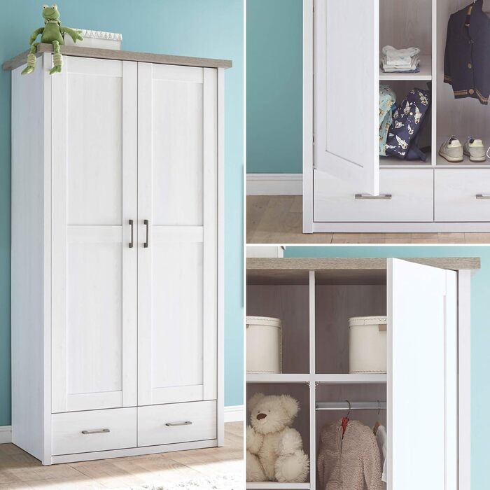 Елегантна шафа LUCA з 2 дверима для дитячої кімнати - Універсальна шафа з орними дверима та великим місцем для зберігання в кольорі &quotСосновий білий&quot / &quotТрюфель&quot - 106 x 201 x 55 см (Ш/В/Г)