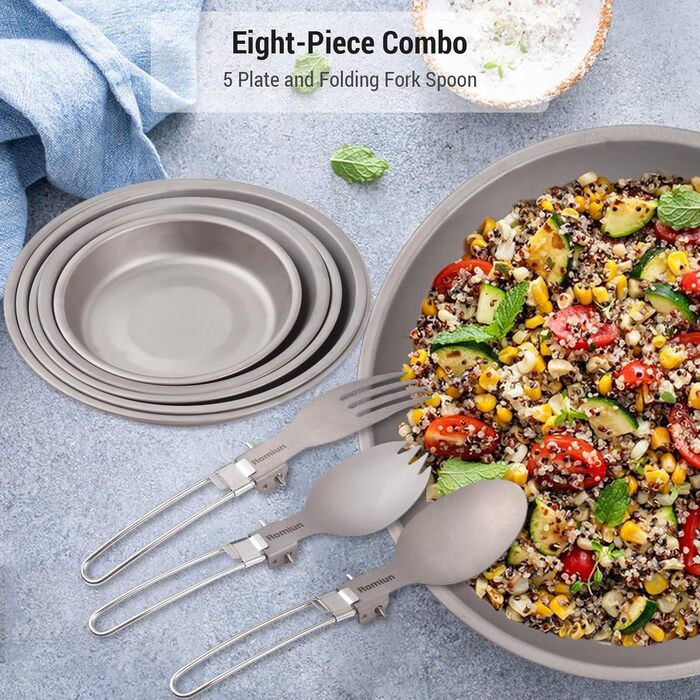 Набір кемпінгових тарілок 8-в-1 з 5 титановими каструлями та складною виделкою, ложкою, легким посудом, столовими приборами для барбекю, кухні, походів, пікніка