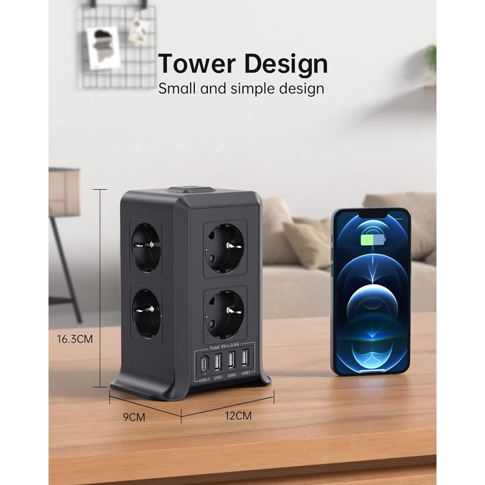 Розетка з вимикачем на кілька розеток, подовжувач Sameriver 8 відсіків з 4 USB, захист від перенапруги з декількома вилками, подов