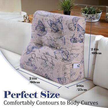 Вигнута подушка для читання для ліжка, узголів&39я, клиноподібна подушка для підтримки спини, піднята спинка для сидіння в ліжку або дивані, зі знімним чохлом, синя з метеликами, 60 см