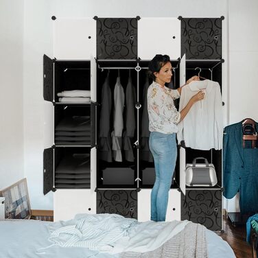 Шафа, багатофункціональна шафа, система полиць своїми руками, пластикова шафа, шафа для спальні з дверима, вбудоване місце для зберігання речей, пилонепроникна з 20 кубиками та рейкою для одягу